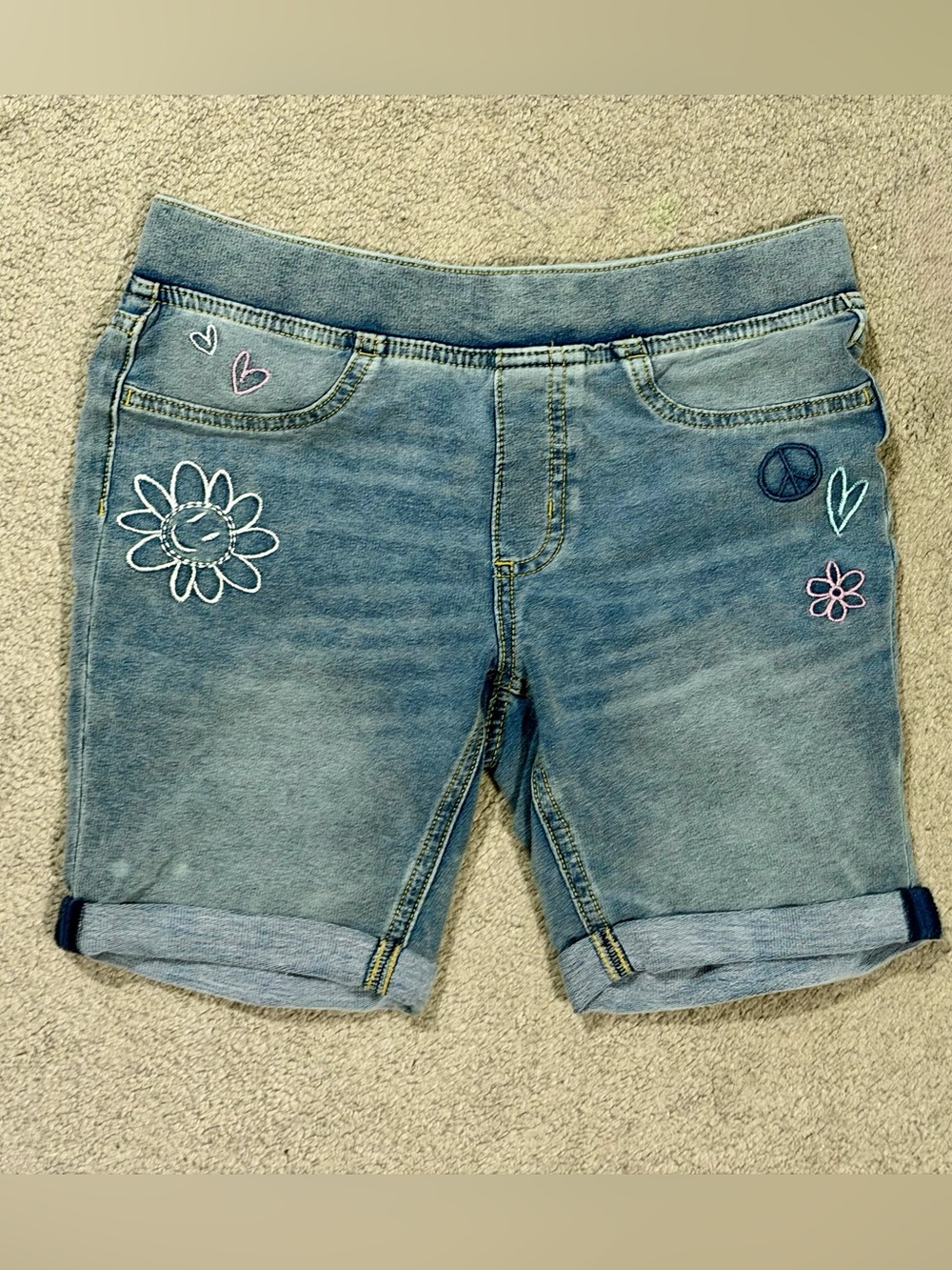 Kids SO Soft Denim Knee-Length Shorts with Embroidered Floral Accents - 14